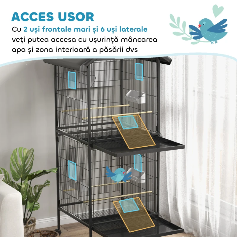 PawHut Volieră pentru Păsări pe Roți cu Tăvițe Detașabile din Plastic și Stinghii, Colivie pentru Canari din Metal, 168 cm, Negru