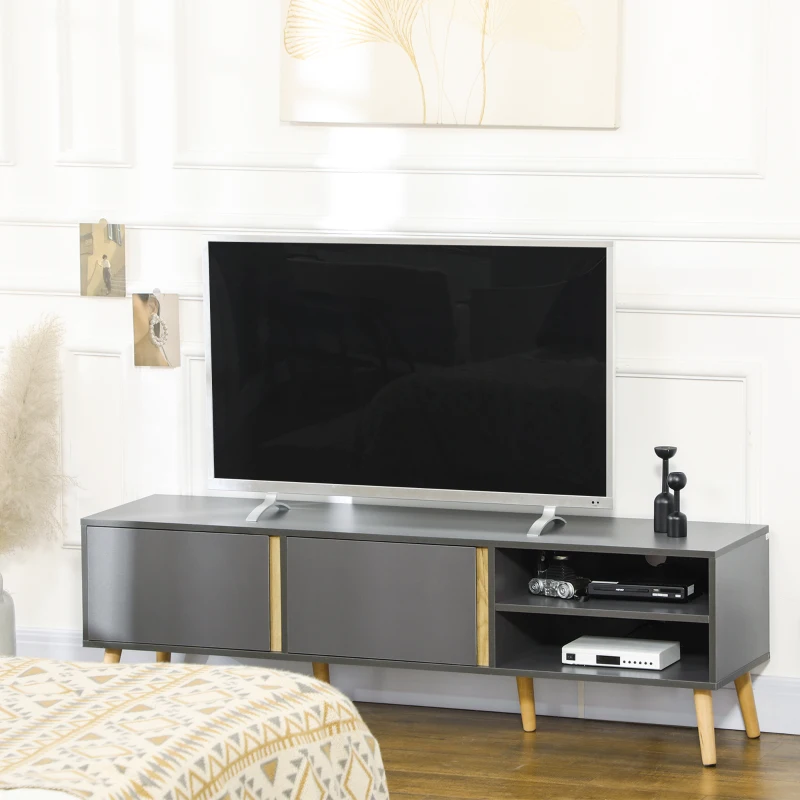 HOMCOM Mobilier TV pentru televizoare de până la 139,7 cm scandinav 2 uși 2 nișe cu treceri pentru cabluri 150 x 35 x 45 cm gri închis