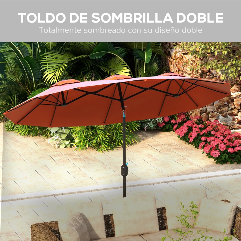 Outsunny Sombrilla Doble de Jardín 295x152x222 cm con Inclinación de 45° y Manivela Manual para Terraza Balcón Piscina Rojo