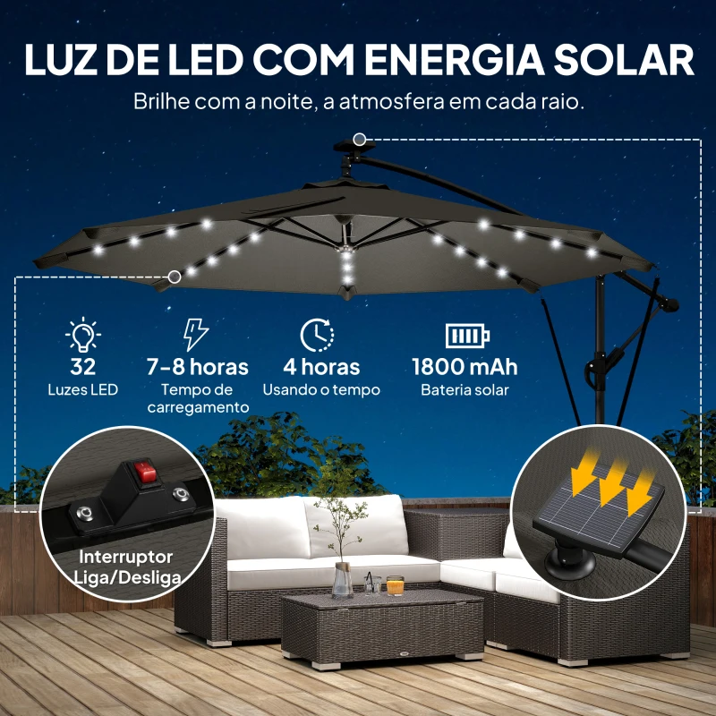 Outsunny Chapéu de Sol Excêntrico com Luzes LED Solares Ø345 cm Base Cruzada Manivela Capa Protetora Cinza Escuro