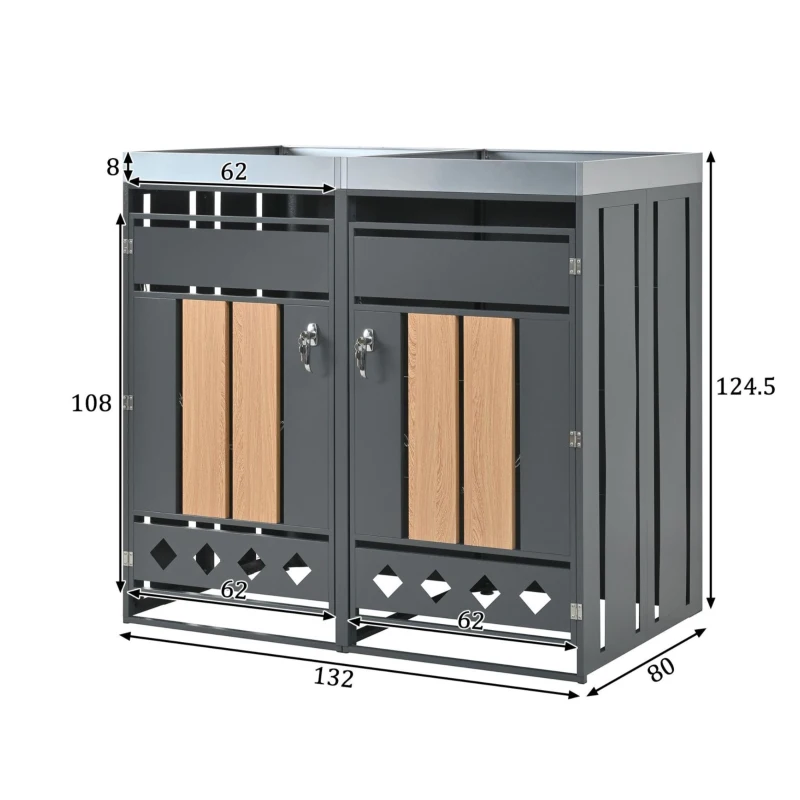 Mülltonnenschrank mit 4 Fächern, integriertem Pflanztrog und abschließbare Türen, 264x80x124.5 cm, Grau+Naturfarbe
