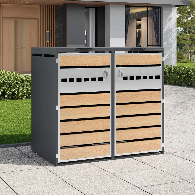 Mülltonnenbox mit hydraulischem Klappdeckel, mit 2 separaten Fächern und abschließbaren Türen, 132x80x118,5 cm, Grau+Naturfarbe