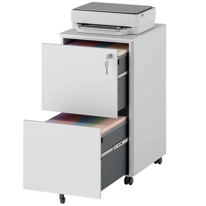Vinsetto 2-Drawer Filing Cabinet with Lock and 5 Wheels, Steel Mobile File Cabinet, for A4, Legal and Letter Size, Pre-Assembled Body, White