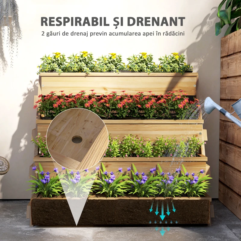 Outsunny Jardinieră înălțată cu 4 niveluri, cu orificii de drenaj și material netesut, din lemn de brad, 75x57x60,5 cm
