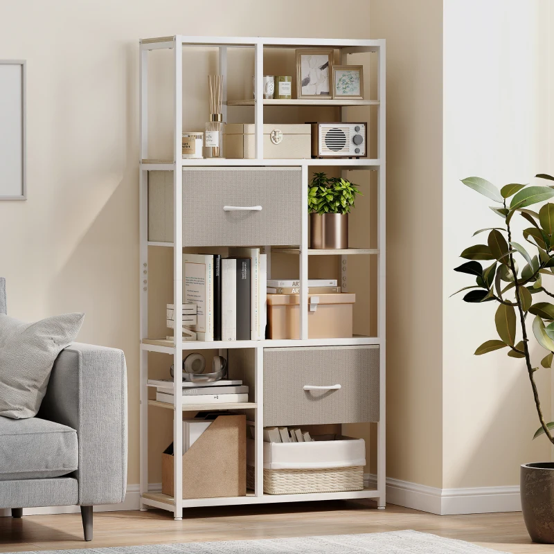 HOMCOM Etajeră de depozitare 6 niveluri, bibliotecă cu 2 sertare din țesătură, 9 rafturi deschise, 72,5 x 30 x 150 cm, alb