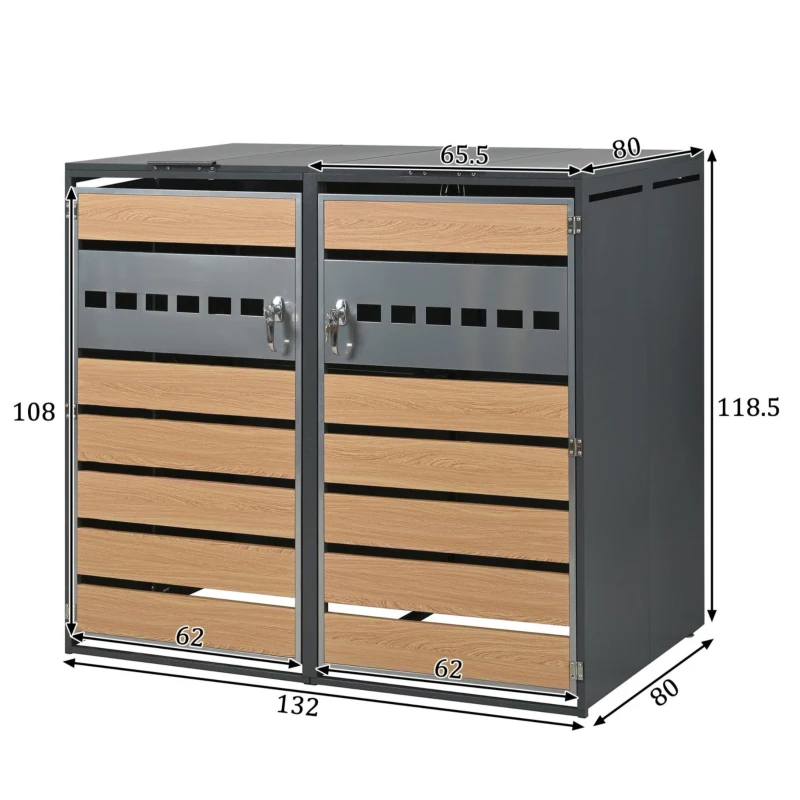 Mülltonnenbox mit hydraulischem Klappdeckel, mit 2 separaten Fächern und abschließbaren Türen, 132x80x118,5 cm, Grau+Naturfarbe