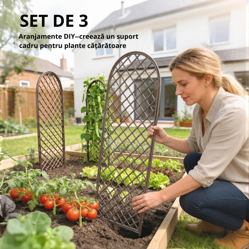 Outsunny Set de 3 spalieri de grădină din nuiele împletite Panou Arc pentru Plante cățărătoare 43 x 2 x 112 cm, efect lemn natural