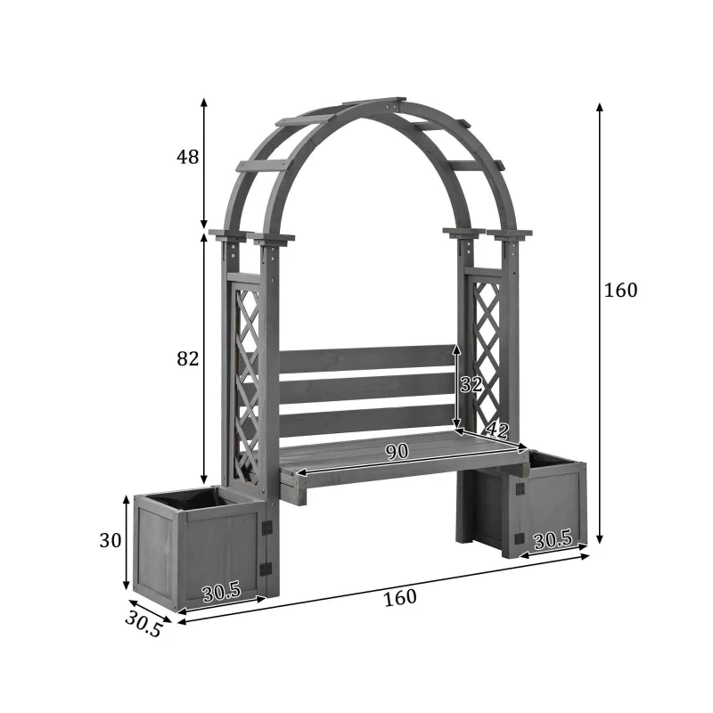 Banco-pérgola con maceteros y enrejado curvado, función triple: banco, macetero y soporte para trepadoras, 160x30,5x160 cm, Gris