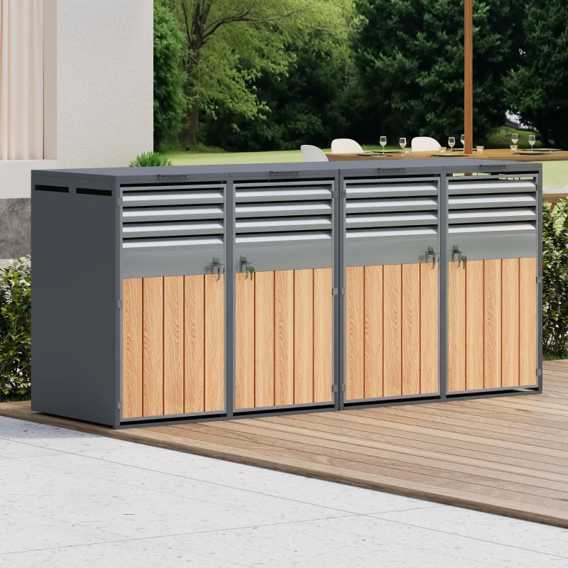 Mülltonnenbox mit hydraulischem Klappdeckel, 4-türiges Aufbewahrungsmodul, Lüftungslamellen, 264x80x118,5 cm, Grau+Naturfarbe