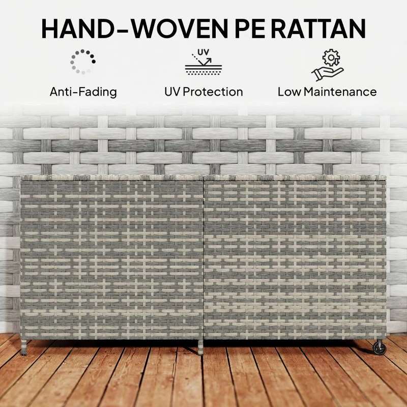 Outsunny 650L Garden Storage Box with 2 Wheels, Rattan Deck Box with Waterproof Zipped Liner, Safe Pneumatic Rods, Mixed Grey