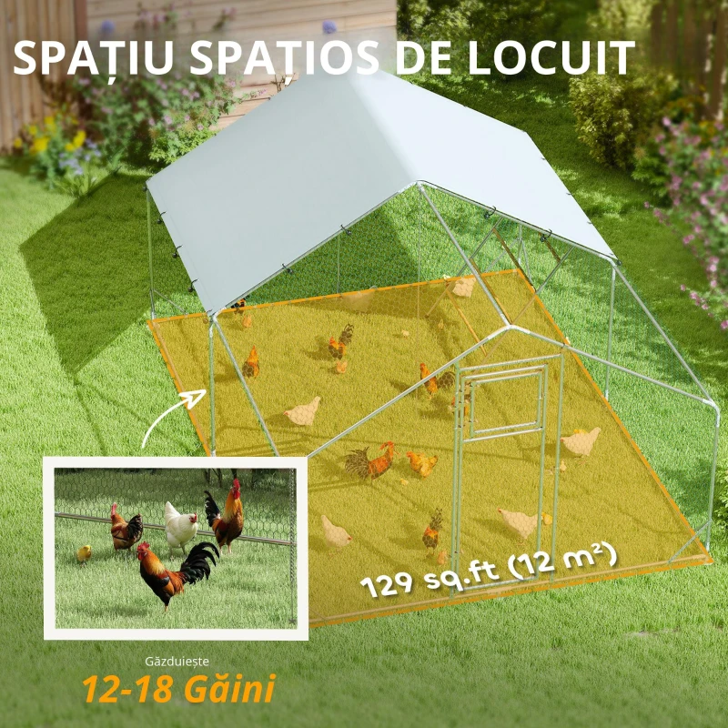 PawHut Coteț pentru găini, țarc exterior pentru găini, cu prelată rezistentă la UV, plasă din oțel, distribuitor de hrană, pentru 12-18 găini