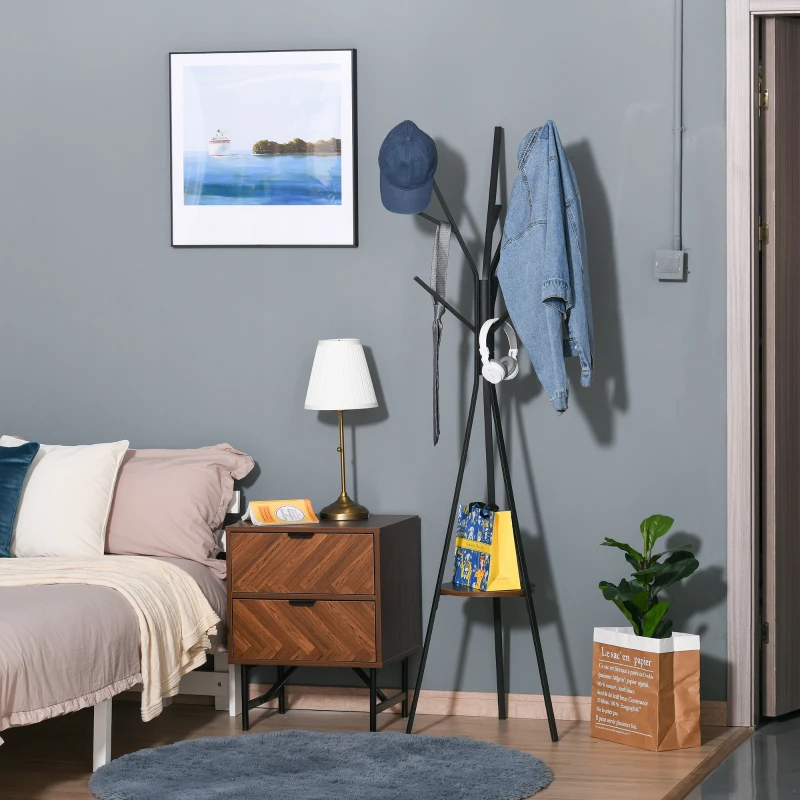 HOMCOM Cuier trepied design contemporan ramuri etajeră + 9 cuiere dim. 45L x 45l x 180H cm metal maro