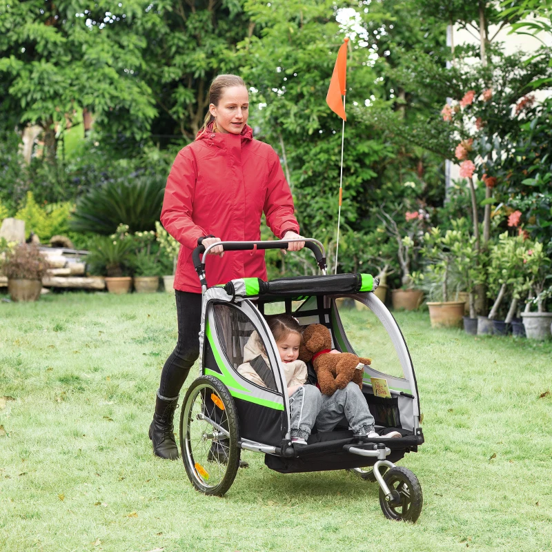 HOMCOM Remorque vélo pour enfant 2 en 1 convertible jogger poussette capacité 26,4 kg avec réflecteurs et drapeau - 2 places  - vert