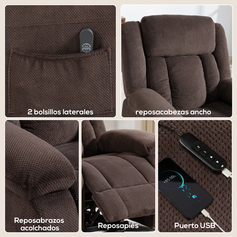 HOMCOM Sillón Relax Reclinable Eléctrico Levanta Personas con Puerto USB Control Remoto Asiento Ancho Reposapiés Marrón