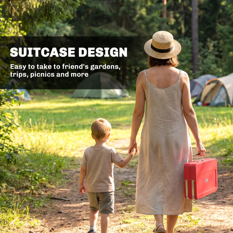 Outsunny Portable Mini Charcoal Barbecue Grill with Suitcase Shell, Outdoor Folding Tabletop BBQ Grill, Red