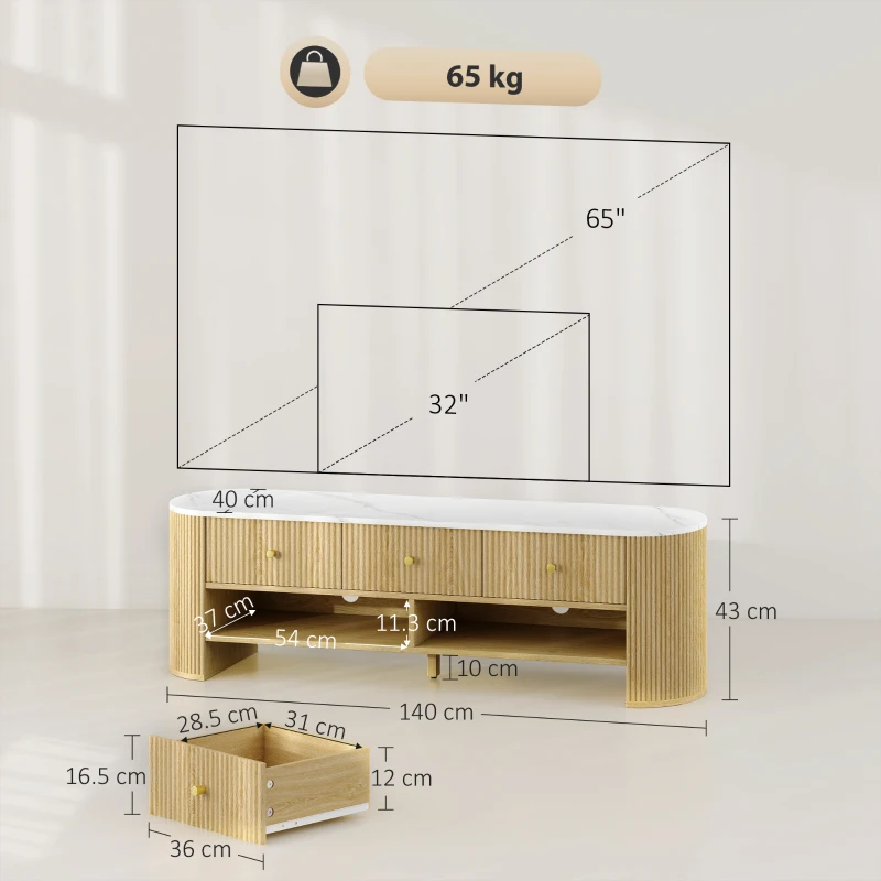 HOMCOM Comodă TV 140 cm, mobilier pentru televizor 165 cm cu aspect de marmură 3 sertare fețe canelate aspect lemn natural