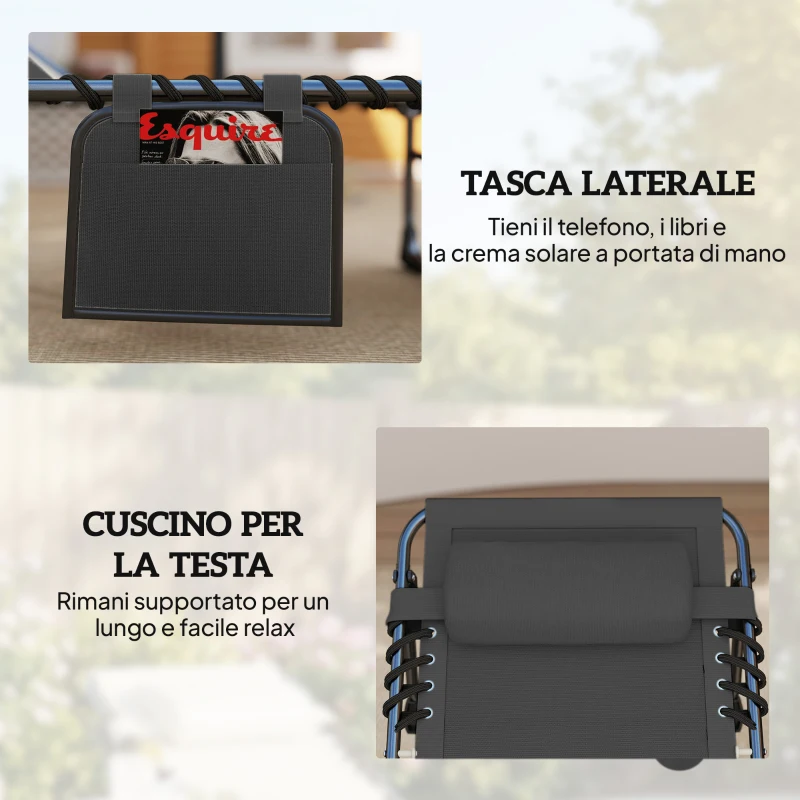 Outsunny Set 2 Lettini Prendisole da Giardino Pieghevoli e Reclinabili su 5 Livelli con Cuscini, 57x200x38 cm, Nero