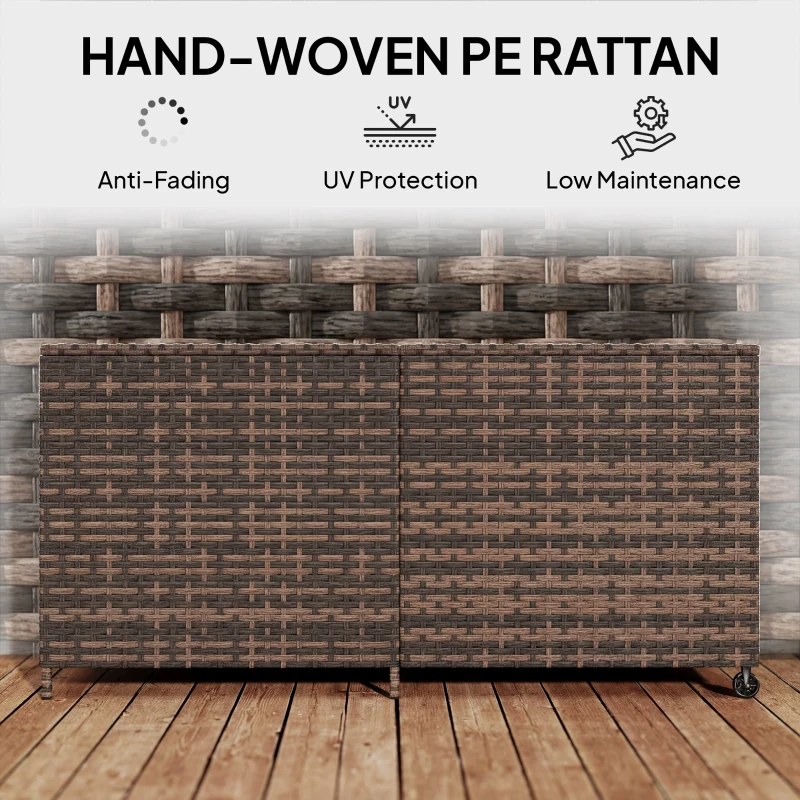 Outsunny 650L Garden Storage Box with 2 Wheels, Rattan Deck Box with Waterproof Zipped Liner, Safe Pneumatic Rods, Mixed Brown