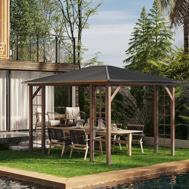 Outsunny Tonnelle pavillon de jardin avec toit rigide 364 x 299 x 280 cm structure en métal marron gris