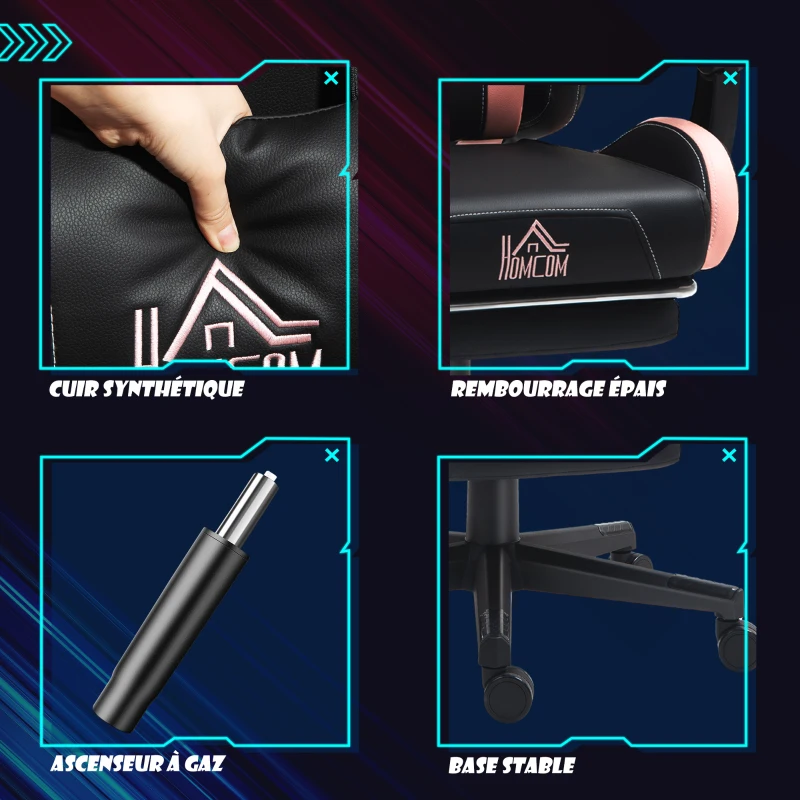 HOMCOM Chaise gaming ergonomique avec Oreilles de Chat, fauteuil gamer avec dossier inclinable, 65 x 62 x 124 cm, noir