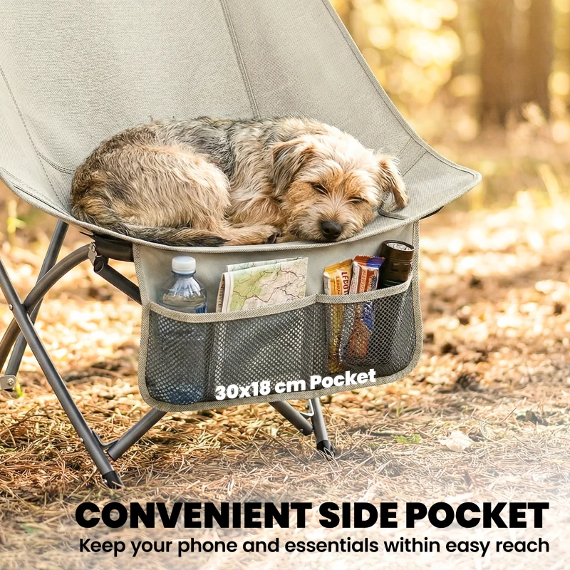 Outsunny Camping Chair for Adults Heavy Duty Folding Camp Chair with Side Pocket and Carry Bag Khaki