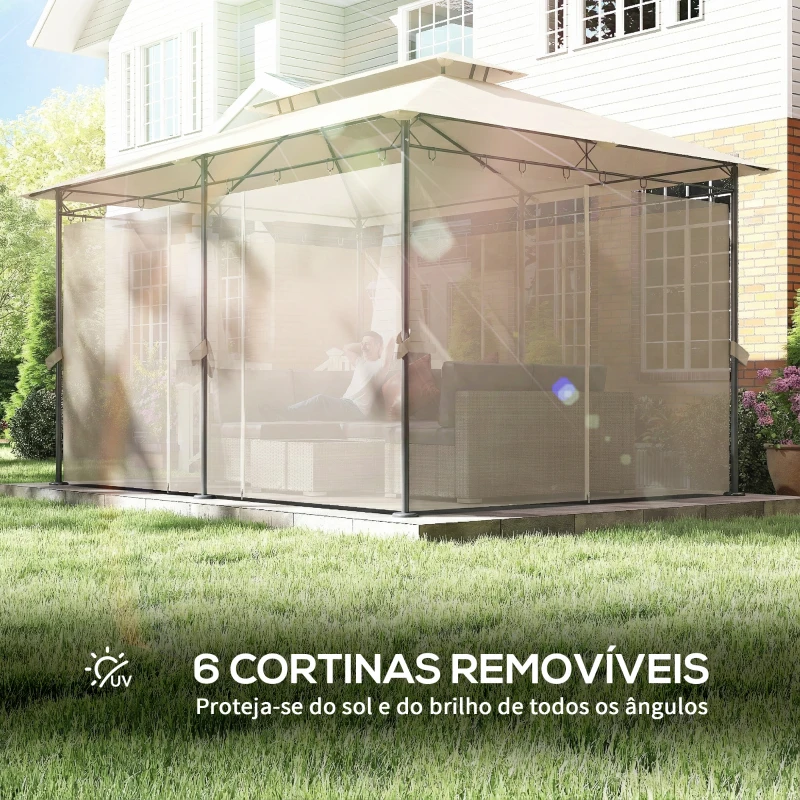 Outsunny Pérgola de Jardim 397x297x265 cm Pérgola de Exterior com Teto Duplo Paredes Laterais Resistente a Água Bege