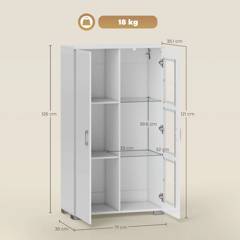 HOMCOM Bufet cu LED RGB 16 culori și telecomandă, finisaj lucios, uși vitrate, rafturi din sticlă, 71x35x126 cm, alb