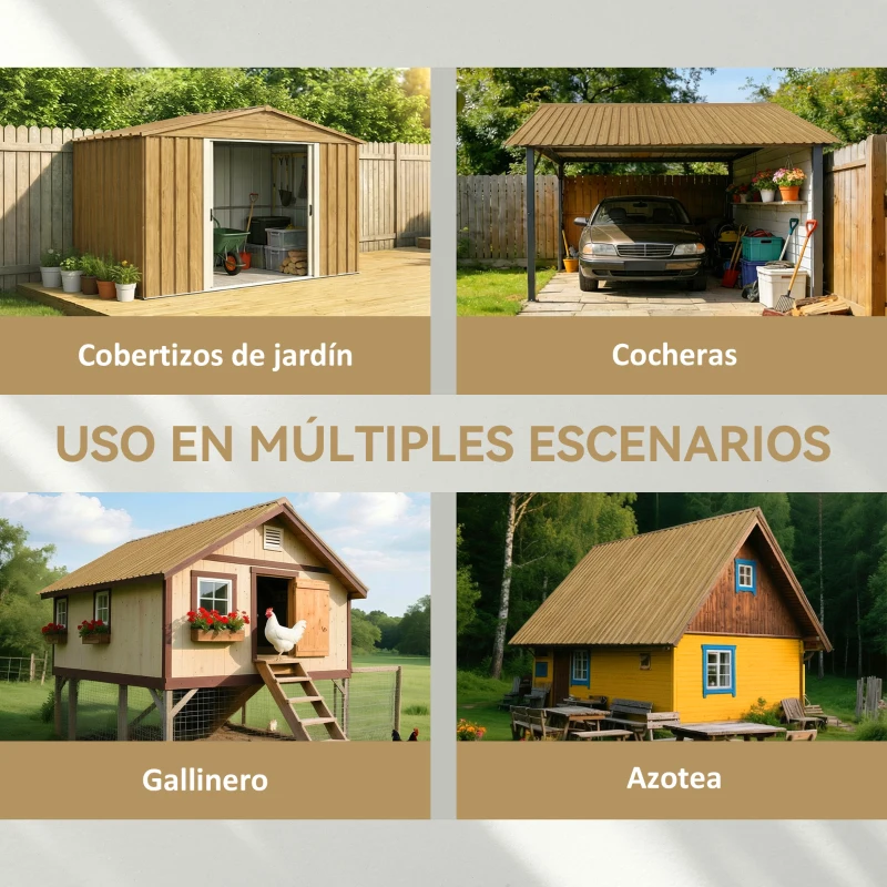 Outsunny Juego de 12 Paneles para Tejado de Acero Galvanizado 7m² para Caseta de Herramientas Cobertizo 129x45cm Madera Natural