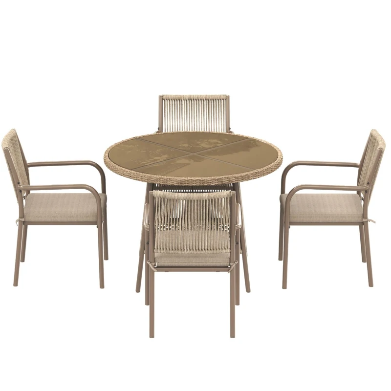 Conjunto de muebles de jardín moderno de 5 piezas, mesa redonda con tablero de vidrio templado, 4 sillas con reposabrazos y respaldo de cuerda, Marrón