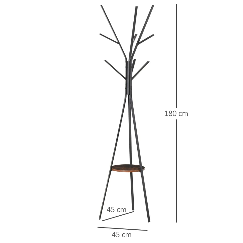 HOMCOM Cuier trepied design contemporan ramuri etajeră + 9 cuiere dim. 45L x 45l x 180H cm metal maro
