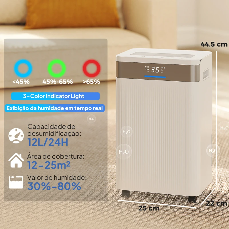 HOMCOM Desumidificador 12L/dia Silencioso com 3 Modos Ecrã LED Temporizador 24H Bloqueio Infantil e Drenagem Contínua 25x22x44,5 cm Branco