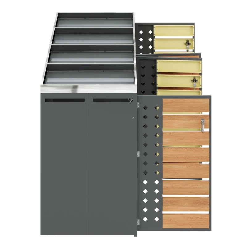 Mülltonnenbox 4‑fach, abschließbar mit integriertem Pflanzkasten, 264x80x124.5 cm, Grau+Naturfarbe