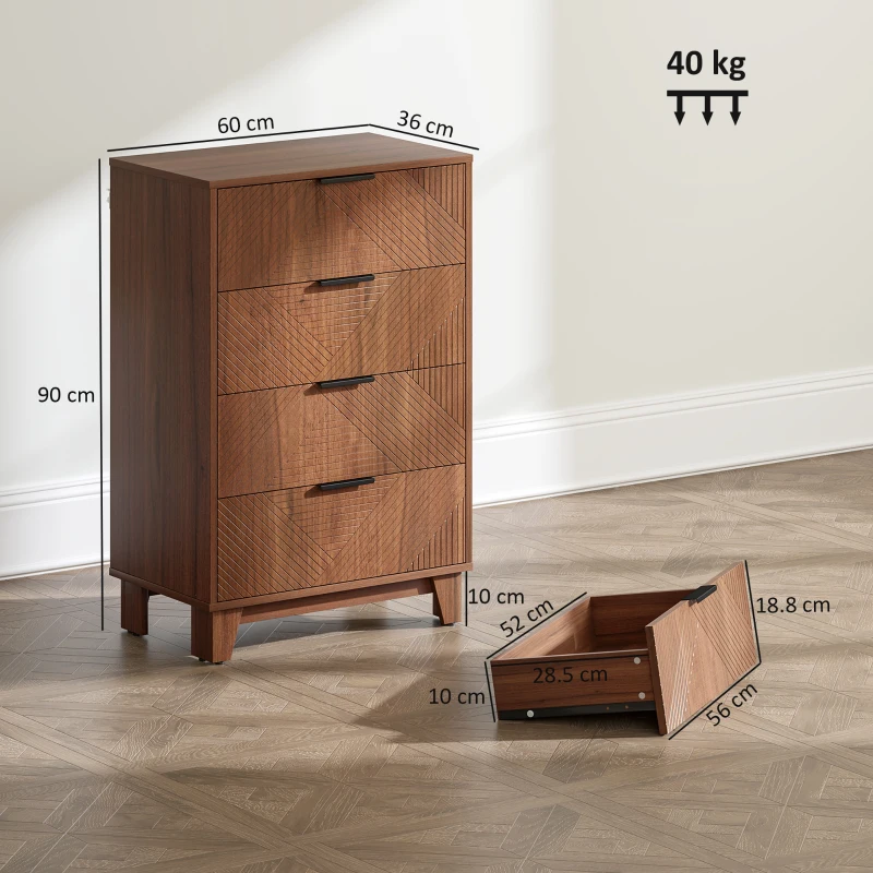 HOMCOM Comodă 4 sertare mobilier de depozitare vintage cu mânere din metal, 60 x 36 x 90 cm, efect lemn maro