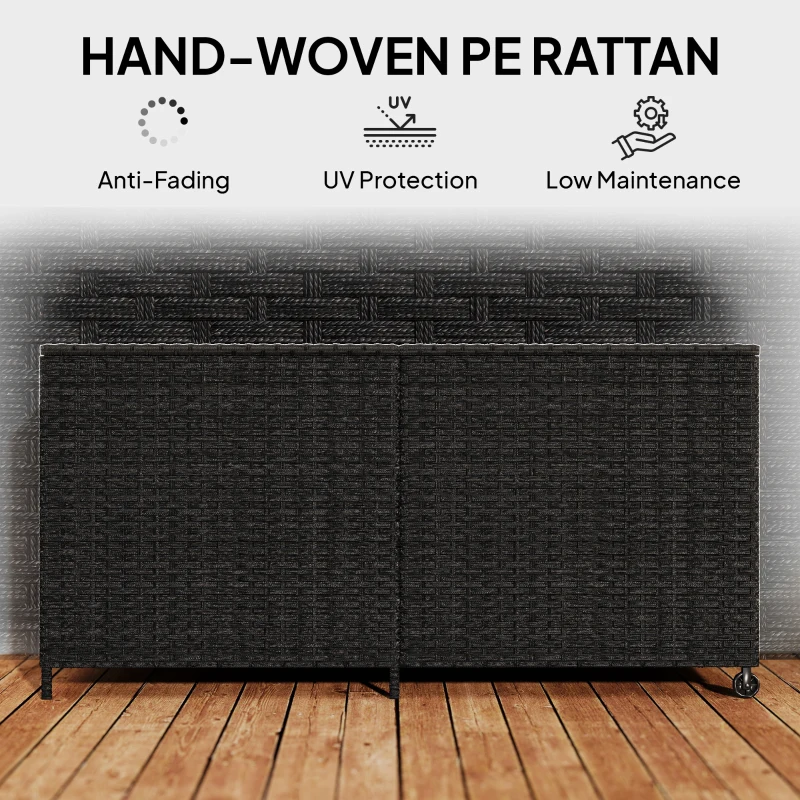 Outsunny 650L Garden Storage Box with 2 Wheels, Rattan Deck Box with Waterproof Zipped Liner, Safe Pneumatic Rods, Black