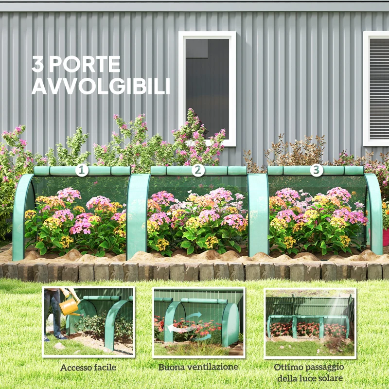 Outsunny Serra da Giardino a Tunnel in Acciaio e Plastica PP con Porte Avvolgibili, 3x1x0.8 m, Verde
