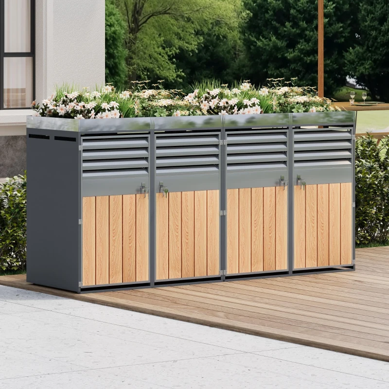 Mülltonnenbox mit integrierter Pflanzfläche, abschließbarer 4‑Fach‑Mülltonnenschrank, 264x80x124,5 cm, Grau+Naturfarbe
