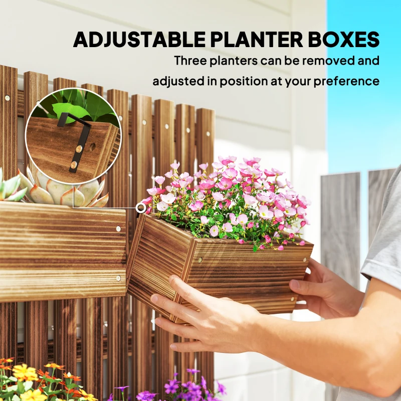 Outsunny Set of 2 Wall-mounted Wooden Garden Planters with Trellis, Drainage Holes and Movable Planter Boxes, Wall Raised Garden Bed for Patio, Carbonised