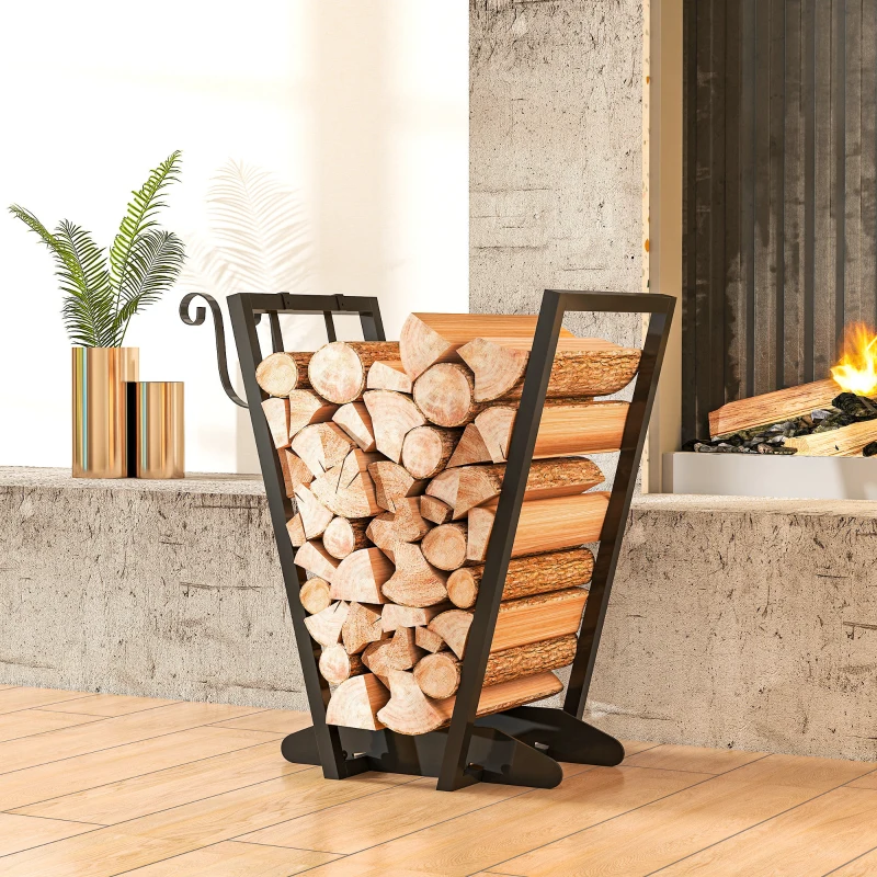 Outsunny Range-bûches porte bûche en acier avec 2 crochets et étagère inférieure pour intérieur et extérieur 45 x 32 x 58 cm noir