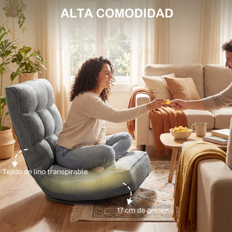 HOMCOM Silla de Suelo Plegable Silla de Lectura Giratoria 360° con Respaldo Ajustable en 5 Posiciones 58x107x79 cm Gris