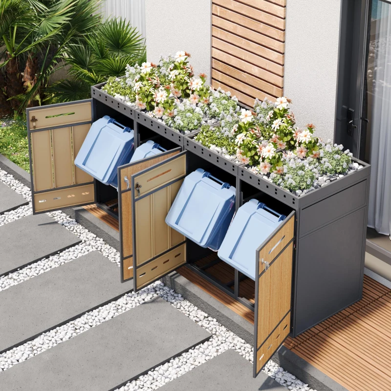 Mülltonnenbox mit Pflanztrog, für 4 Mülltonnen, Frontzugang mit Schloss und Griff, 264x80x124 cm, Grau+Naturfarbe