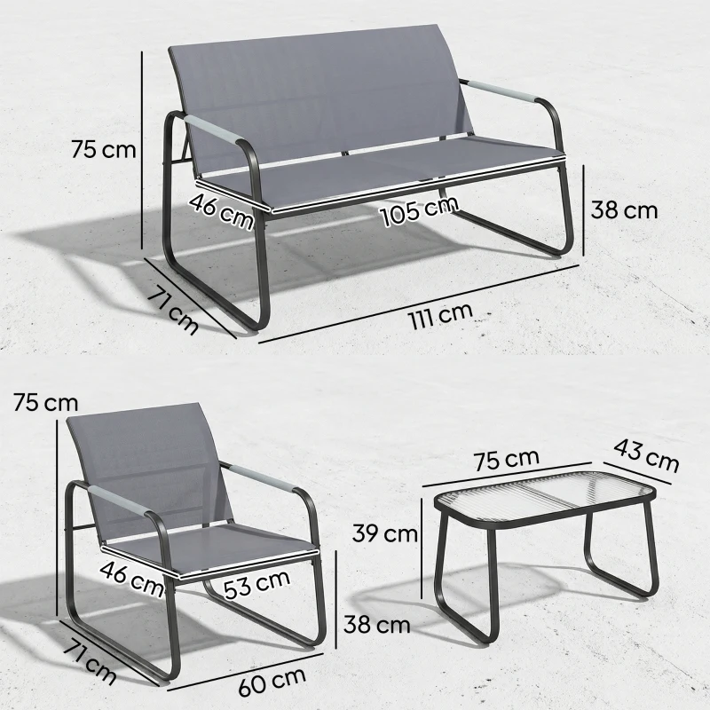 Outsunny Conjunto de Jardim Exterior com 1 Sofá de 2 Lugares 2 Poltronas e Mesa com Tampo de Vidro Temperado Textilene Respirável Cinzento