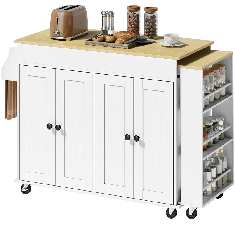 HOMCOM Isola cucina su ruote con piano estensibile, ripiani regolabili e portaspezie, Bianco