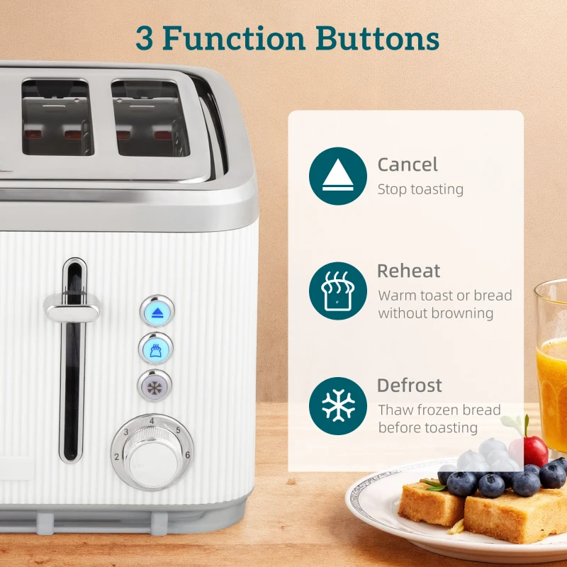 HOMCOM Electric Stainless Steel Kettle and Toaster Set, 3000W 1.7L UK Strix Thermostat Fast Boil Kettle w/ Limescale Filter, Cool Touch Body, 4 Slice Toaster with 7 Browning Levels, White