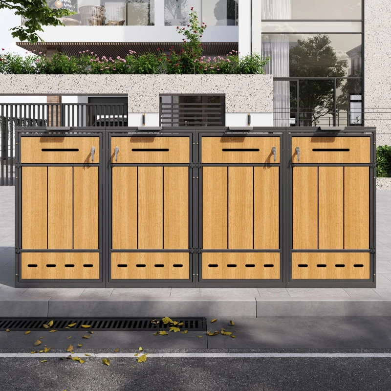 Mülltonnenbox mit Klappdeckeln und frontöffnenden Türen, für 4×120–240 l , 264x84.5x118 cm, Grau+Naturfarbe