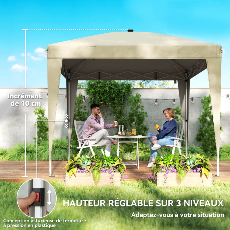 Outsunny Tonnelle de jardin 3 x 3 m avec éclairage pop up tente pliante réglable en hauteur télécommande sac de transport crème
