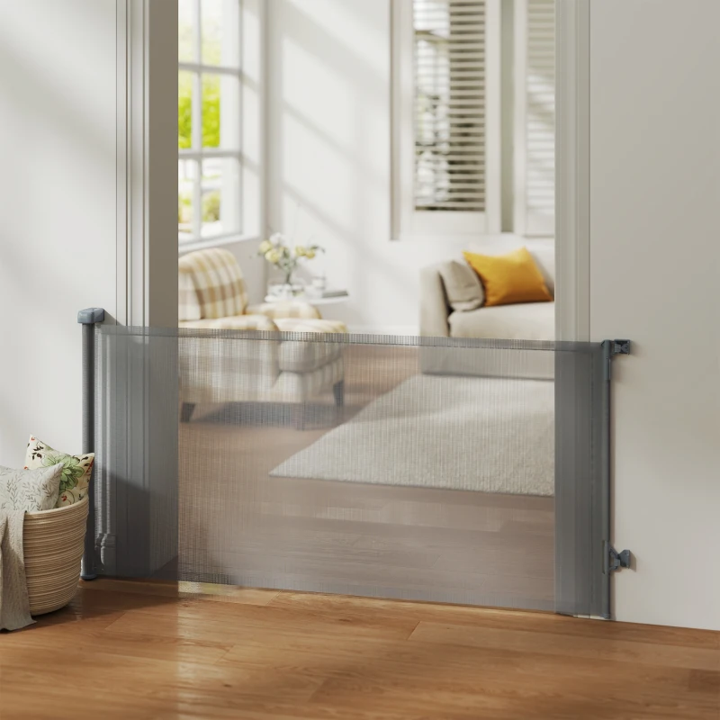 PawHut Barreira de Segurança para Cães Retrátil Extensível até 180 cm de Largura para Escadas e Portas Cinzento