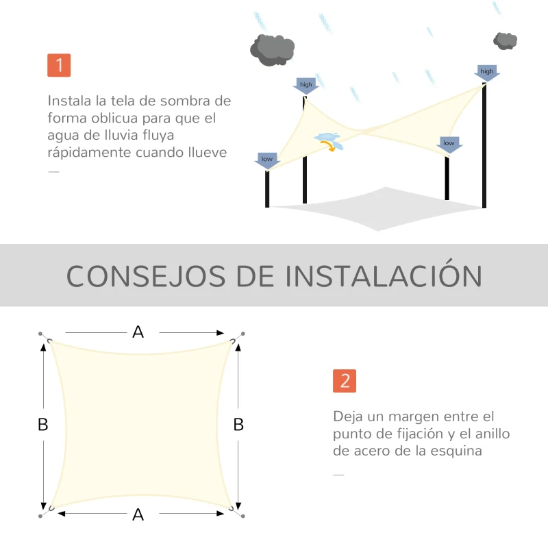 Outsunny Toldo Vela de Sombra Cuadrado 3x3 m Toldo de Terraza de Poliéster con Anillo de Acero Inoxidable y Cuerdas Crema