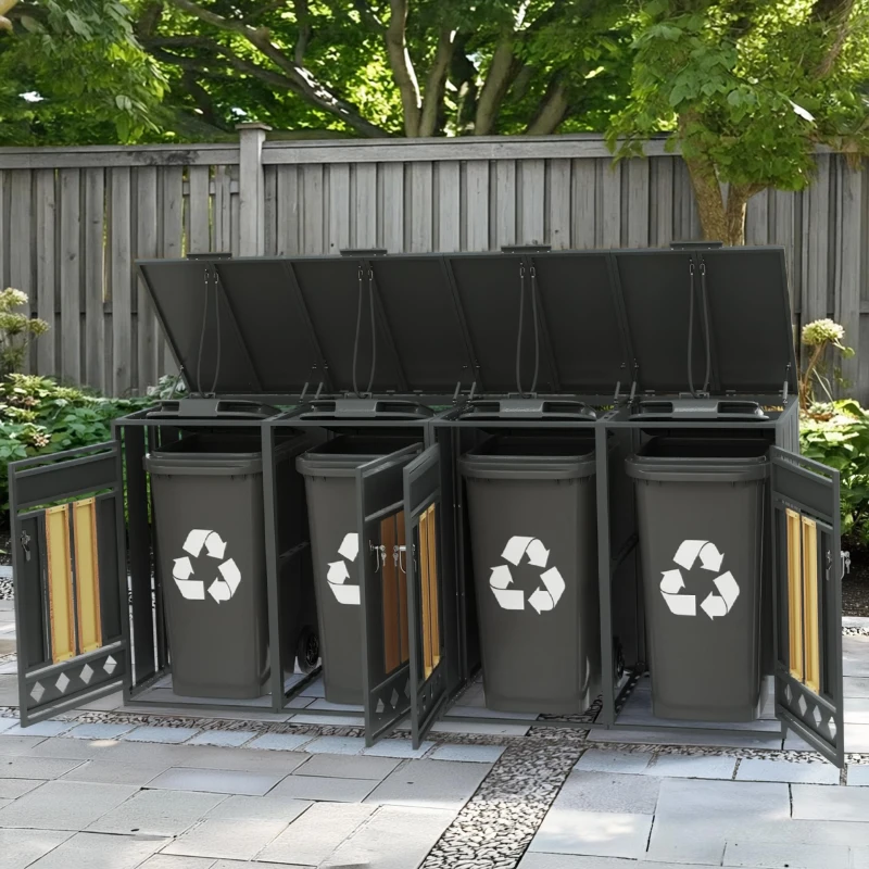 Mülltonnenbox mit hydraulischem Klappdeckel, 4 Fächer, abschließbare Türen, 264x80x118.5 cm, Grau+Naturfarbe