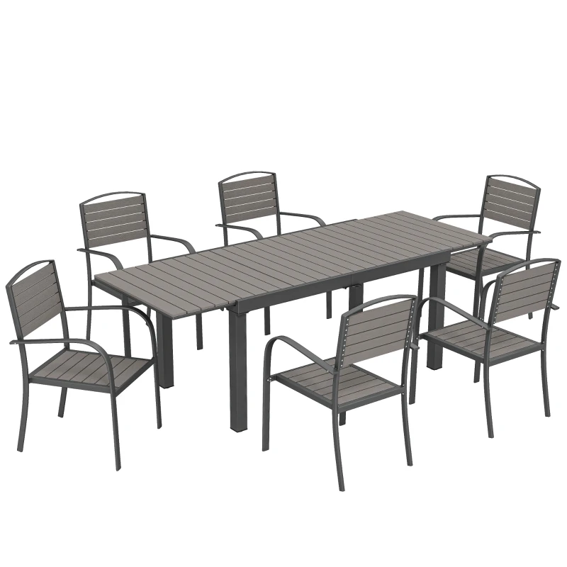 Outsunny Ensemble de jardin 7 pièces Table extensible avec 6 chaises Aspect bois design à lattes Cadre en aluminium
