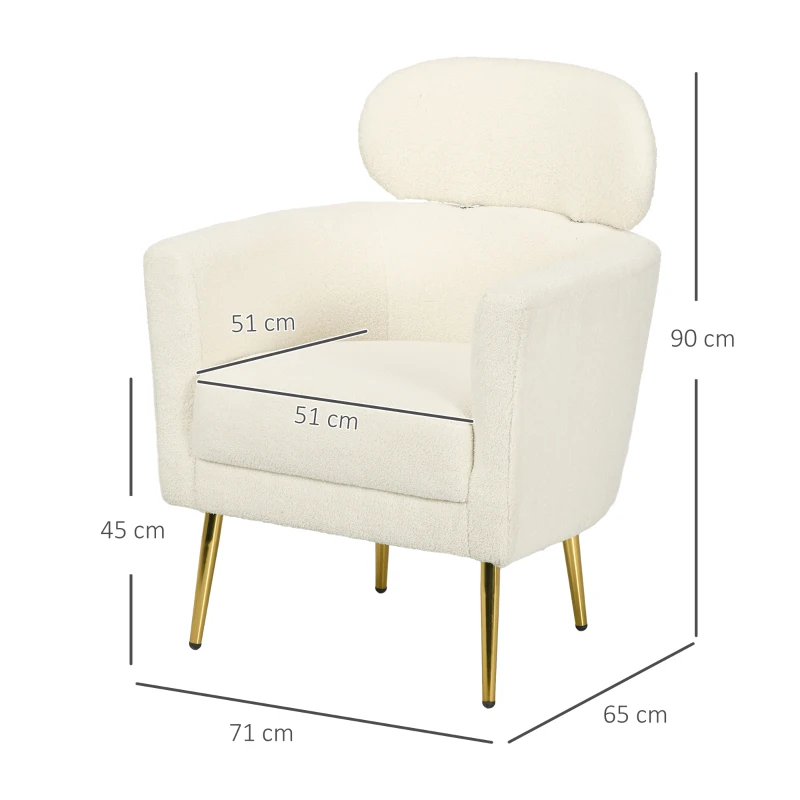 HOMCOM Fotoliu de living cu tetieră detașabilă, fotoliu crapaud din pluș teddy, picioare metalice, 71 x 65 x 90 cm, crem